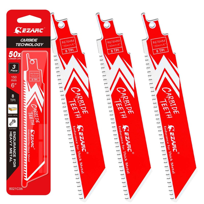 EZARC Carbide Reciprocating Saw Blade R678HM Endurance for Thick Metal, Cast Iron, Alloy Steel 6-Inch 8TPI, 3-Pack - Image 1