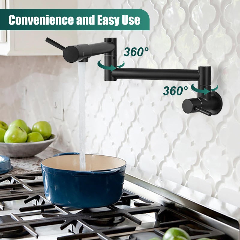 Heyalan Pot Filler 19 Inch Wall Mount Folding Stretchable Kitchen Restaurant Faucet Stainless Steel Pot Filler Double Joint Swing Arm Two Handles Commercial NPT,Straight Handle,Matte Black - Image 5