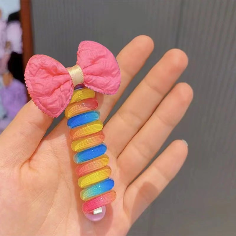 Generic Rainbow Cartoon Hair Ties 2023 for Kids 3-6 Years Pink Cloth Bow