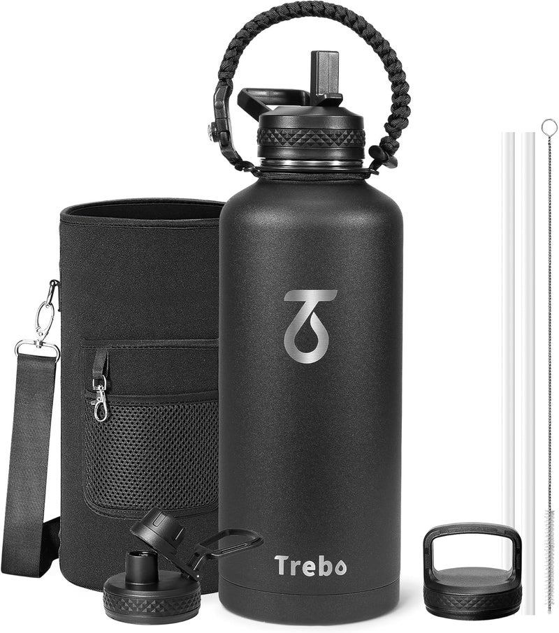Trebo زجاجة مياه تريبو 87 أونصة مع مقبض باراكورد، نصف جالون، إبريق معزول مزدوج الجدار بالفراغ من الفولاذ المقاوم للصدأ من الدرجة الغذائية مع مصاصة ومقبض وأغطية، مانع للتسرب، يحافظ على البرودة والحرارة، أسود - Image 1