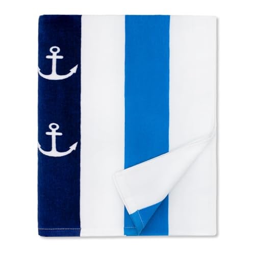 cabanana Large Beach Towel Oversized - Cotton Velour 35 x 70 Inch Anchor Striped Terry Pool Towel, Cabana Soft Swimming Towel for Adults Women Men (Navy Blue) - Image 1
