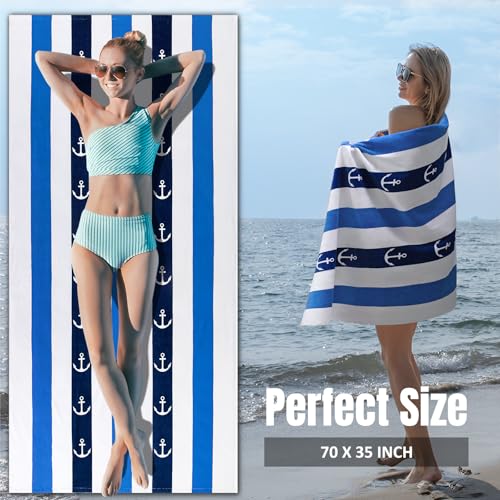 cabanana Large Beach Towel Oversized - Cotton Velour 35 x 70 Inch Anchor Striped Terry Pool Towel, Cabana Soft Swimming Towel for Adults Women Men (Navy Blue) - Image 3