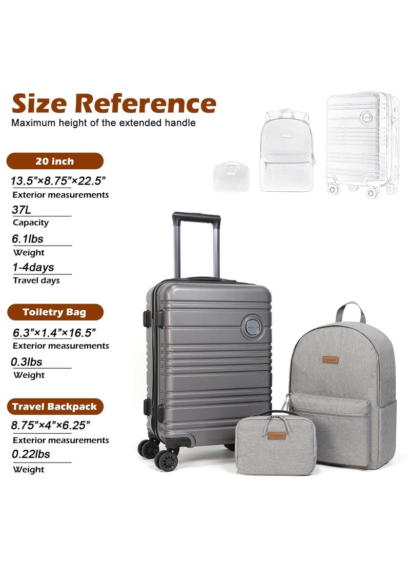 Aklsvion - Aklsvion Hard Case 20 Inch Carry On Luggage Trolley For Unisex ABS Lightweight 4 Double Wheeled Suitcase With Built In TSA Type Lock Grey - Image 1