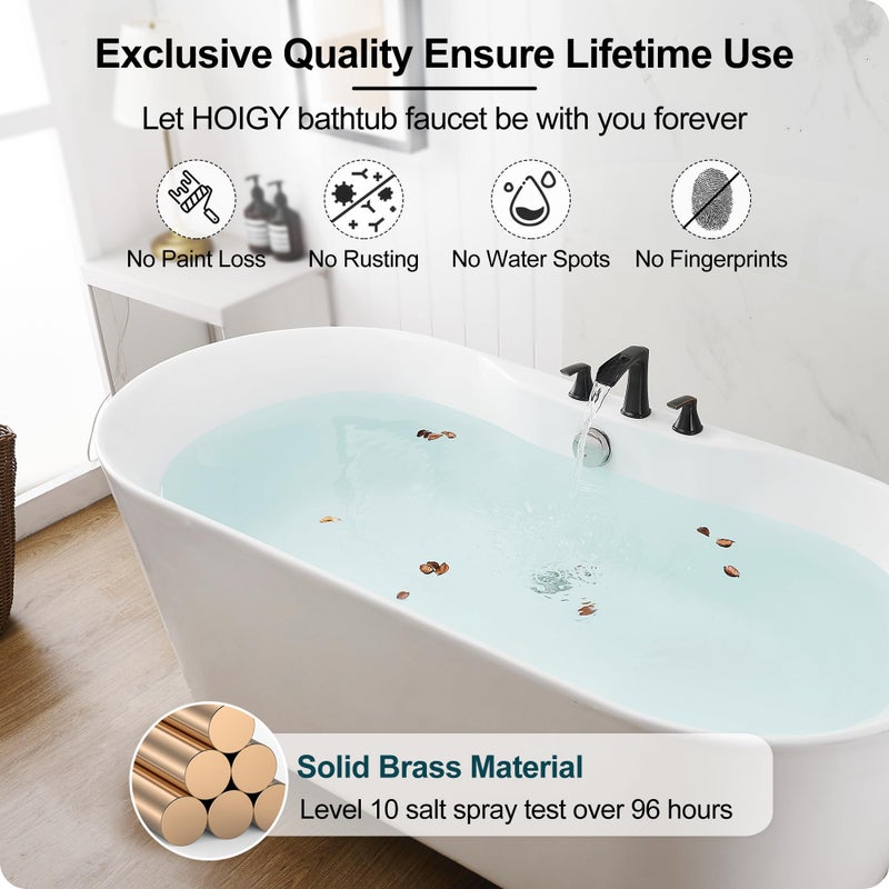 Hoigy Waterfall Bathtub Faucet Oil Rubbed Bronze  Brass Bath Tub Faucet Set 3 Hole  8 Inch High Flow Roman Tub Faucet  2 Handle Deck Mount Bathtub Faucets Widespread With Water Hose For Farmhouse - Image 5