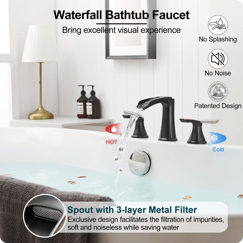 Hoigy Waterfall Bathtub Faucet Oil Rubbed Bronze  Brass Bath Tub Faucet Set 3 Hole  8 Inch High Flow Roman Tub Faucet  2 Handle Deck Mount Bathtub Faucets Widespread With Water Hose For Farmhouse - Image 2