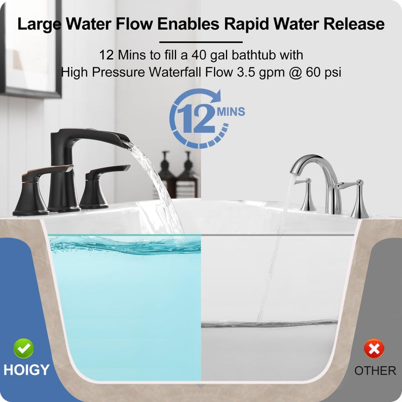 Hoigy Waterfall Bathtub Faucet Oil Rubbed Bronze  Brass Bath Tub Faucet Set 3 Hole  8 Inch High Flow Roman Tub Faucet  2 Handle Deck Mount Bathtub Faucets Widespread With Water Hose For Farmhouse - Image 3