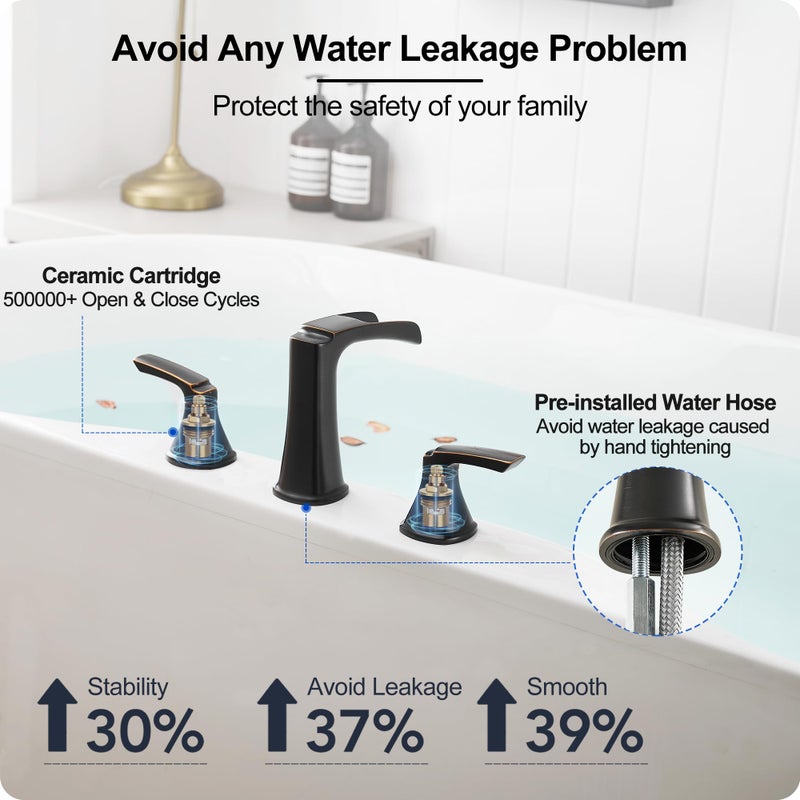 Hoigy Waterfall Bathtub Faucet Oil Rubbed Bronze  Brass Bath Tub Faucet Set 3 Hole  8 Inch High Flow Roman Tub Faucet  2 Handle Deck Mount Bathtub Faucets Widespread With Water Hose For Farmhouse - Image 4