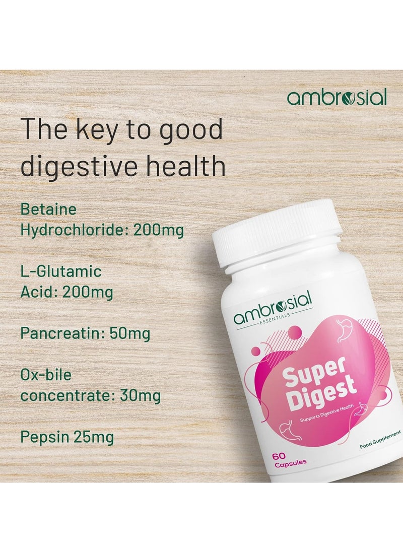 ambrosial - Super Digest With Betaine Hcl Pepsin, Ox Bile, L-Glutamic Acid Digestive Enzyme Supplements For Colon Cleanse Digestives Gut Health Supplements Pack Of 2-120 Capsules - Image 1