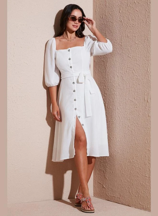 Lela Lela Regular Fit Square Neck Buttoned Midi Dress Women's Dress 67810197