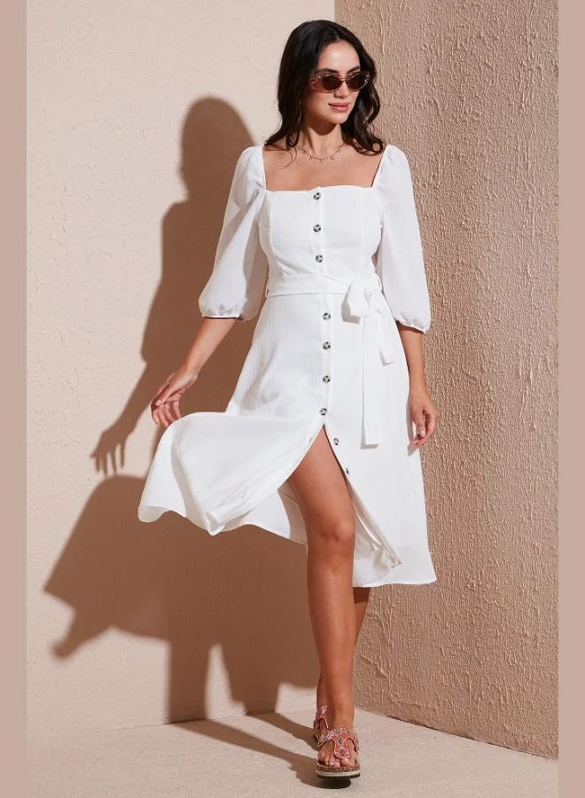 Lela Lela Regular Fit Square Neck Buttoned Midi Dress Women's Dress 67810197