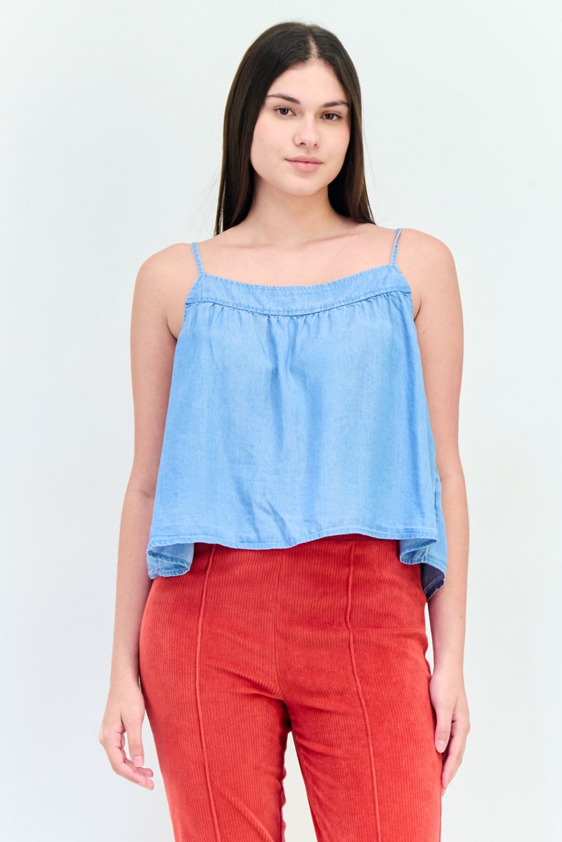 Aerie Women Square Neck Sleeveless Solid Tank Top, Blue  - Image 1