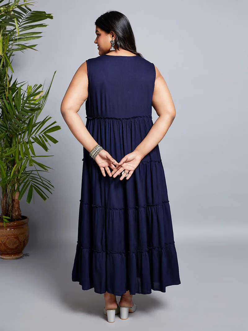 globus Women Gloplus Embroidered Yoke Gathered Tiered Fit & Flare Plus Size Maxi Dress