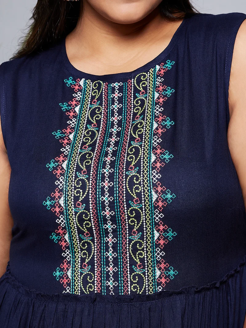 globus Women Gloplus Embroidered Yoke Gathered Tiered Fit & Flare Plus Size Maxi Dress