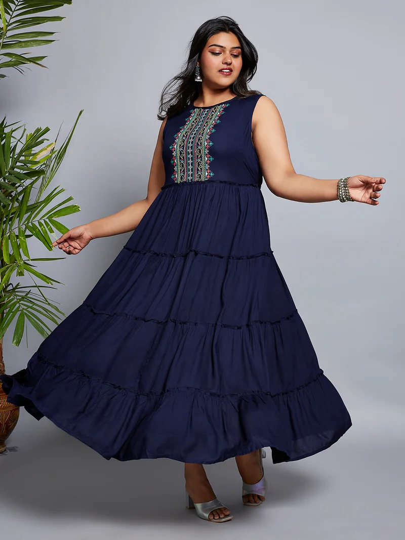 جلو باص Globus Women Gloplus Embroidered Yoke Gathered Tiered Fit & Flare Plus Size Maxi Dress