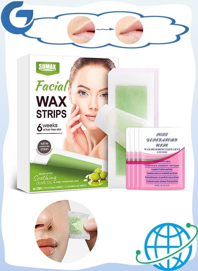 SUMAX شرائح الشمع لإزالة الشعر، شرائح شمع الوجه والجسم من الجهتين، مجموعة إزالة الشعر مع 30 شريحة شمع للوجه و4 مناديل زيت مهدئ - Image 1