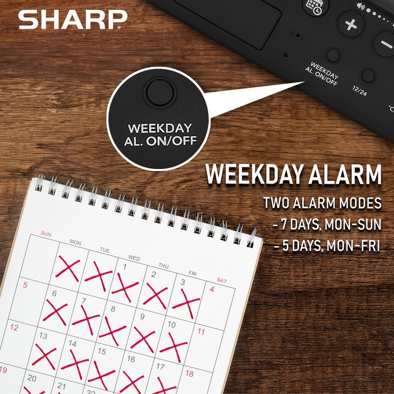 Sharp Large Display Digital Alarm Clock with 2 USB Ports (2A Each), 2.15â€ Jumbo LED Time, Date & Indoor Temperature, Weekday/Weekend Dual Alarms, 5-Step Dimmer to Off, Plug-in with AAA Backup - Image 3