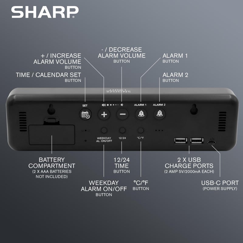 Sharp Large Display Digital Alarm Clock with 2 USB Ports (2A Each), 2.15â€ Jumbo LED Time, Date & Indoor Temperature, Weekday/Weekend Dual Alarms, 5-Step Dimmer to Off, Plug-in with AAA Backup - Image 4