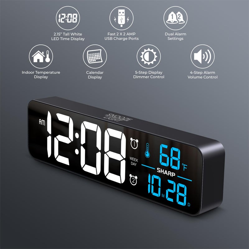 Sharp Large Display Digital Alarm Clock with 2 USB Ports (2A Each), 2.15â€ Jumbo LED Time, Date & Indoor Temperature, Weekday/Weekend Dual Alarms, 5-Step Dimmer to Off, Plug-in with AAA Backup - Image 2