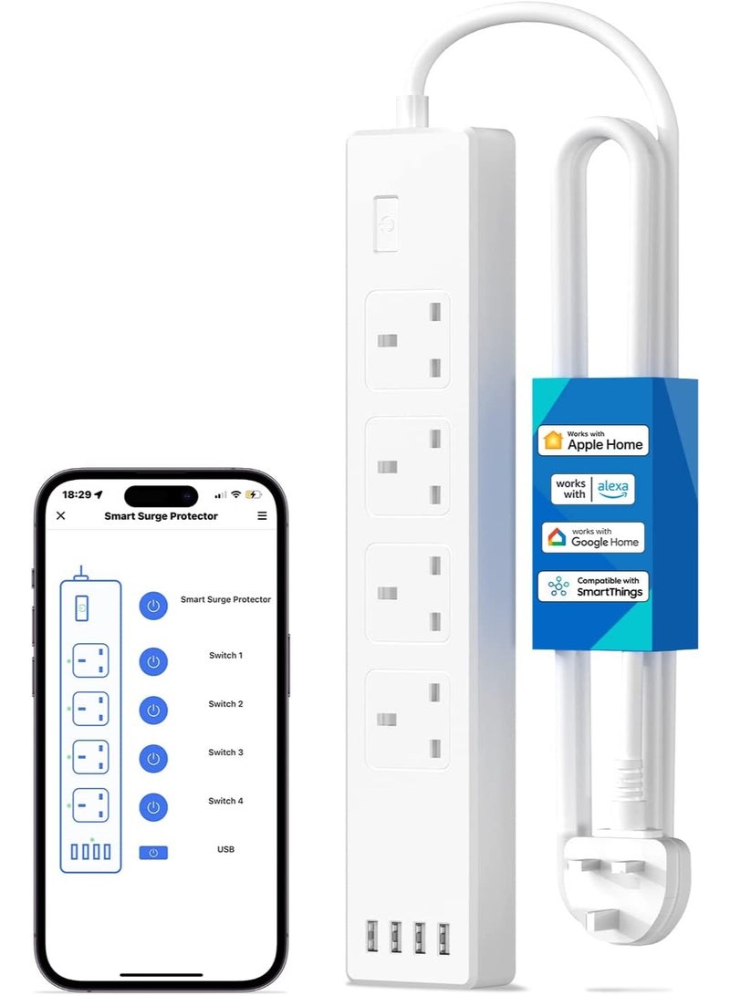 Meross Smart Power Strip - Apple HomeKit, Alexa, Google Home Compatible - 4 AC Outlets, 4 USB Ports, Wi-Fi Surge Protector - White - Image 1
