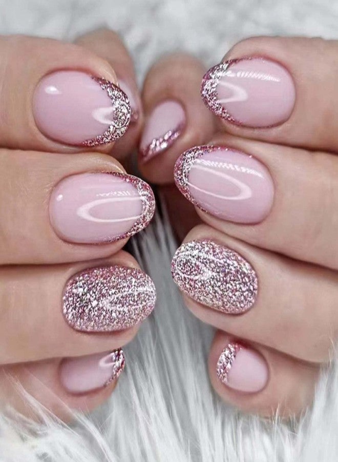 YoYoee Short Almond False Nails French Press on Nails Bling Fake Nails Acrylic Glossy Cute Nails Tips for Women and Girls 24PCS - Image 1