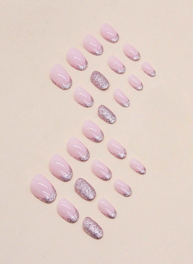 YoYoee Short Almond False Nails French Press on Nails Bling Fake Nails Acrylic Glossy Cute Nails Tips for Women and Girls 24PCS - Image 4