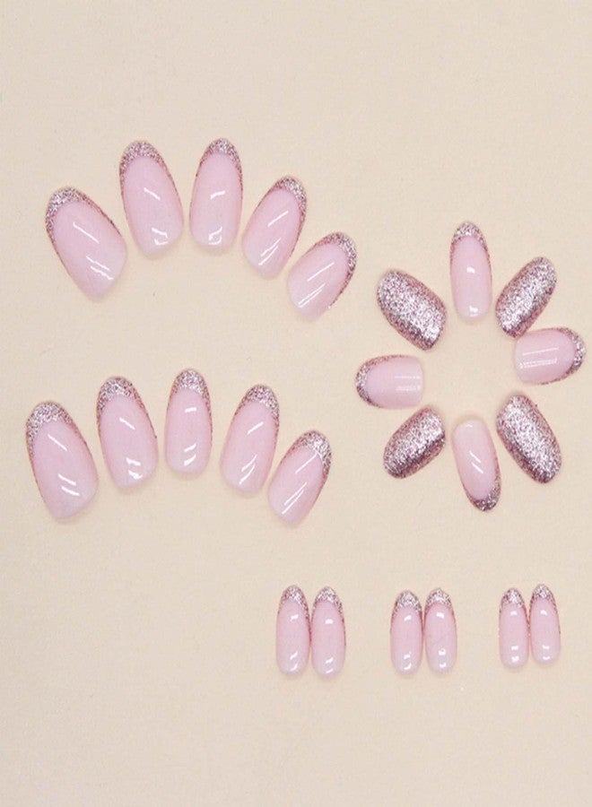 YoYoee Short Almond False Nails French Press on Nails Bling Fake Nails Acrylic Glossy Cute Nails Tips for Women and Girls 24PCS - Image 3