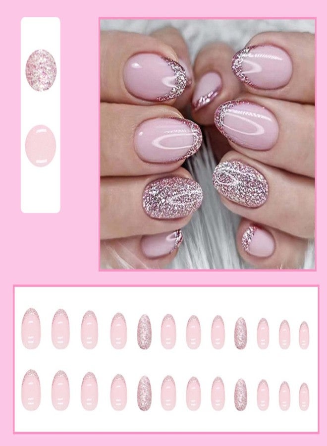 YoYoee Short Almond False Nails French Press on Nails Bling Fake Nails Acrylic Glossy Cute Nails Tips for Women and Girls 24PCS - Image 2