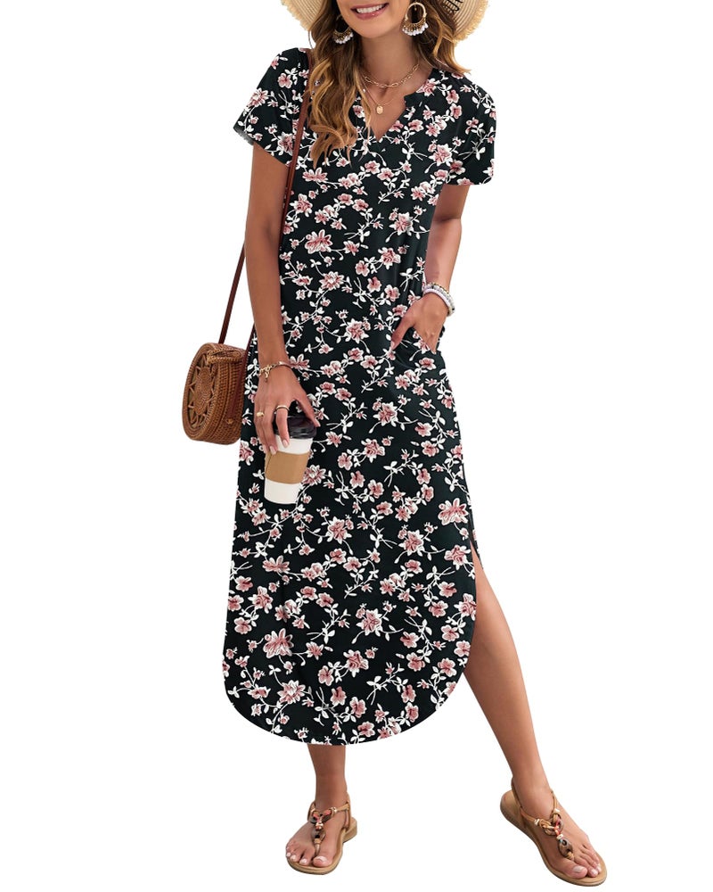 MISFAY Women's Summer Casual Maxi Dress 2026 Short Sleeves V Neck Loose Sundress Split Long Beach T Shirt Dress Vacation Outfits(Black Red Flower,M) - Image 1