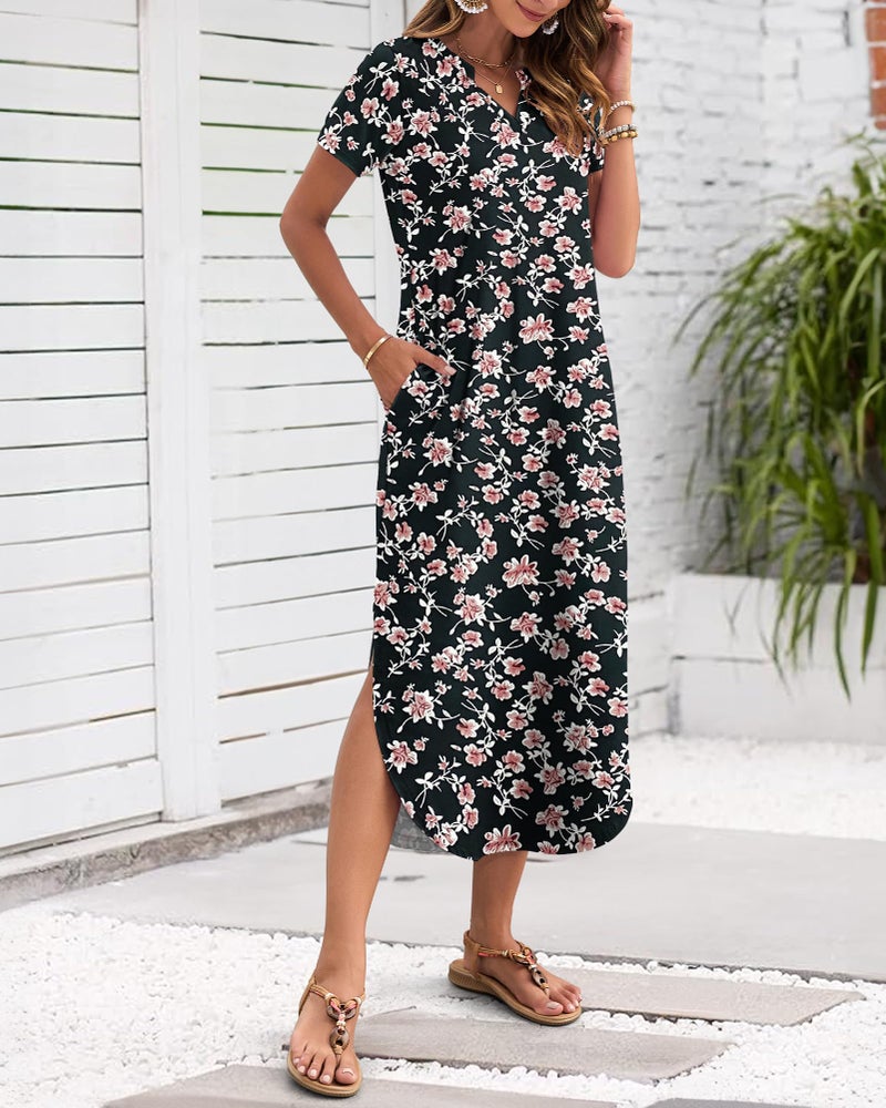 MISFAY Women's Summer Casual Maxi Dress 2026 Short Sleeves V Neck Loose Sundress Split Long Beach T Shirt Dress Vacation Outfits(Black Red Flower,M) - Image 2