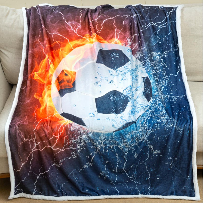Sviuse Soccer Blanket Sports Ball Throw Blue Flame Teens Soccers Fans Soft Cozy Football Blankets for Boys Men Sofa Travel Living Room Bedroom 50X60 Soccer
