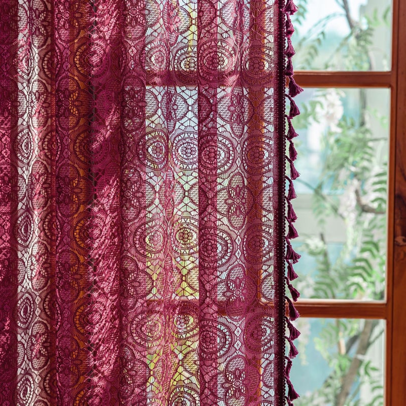 Kotile Burgundy Boho Lace Curtain with Tassels 96 Inches Long 1 Panel Geo Floral Maroon Sheer Curtain for Living Room  Rod Pocket Light Filtering Privacy Vintage Bohemian Red Wine Drape 60x96 Inch - Image 3