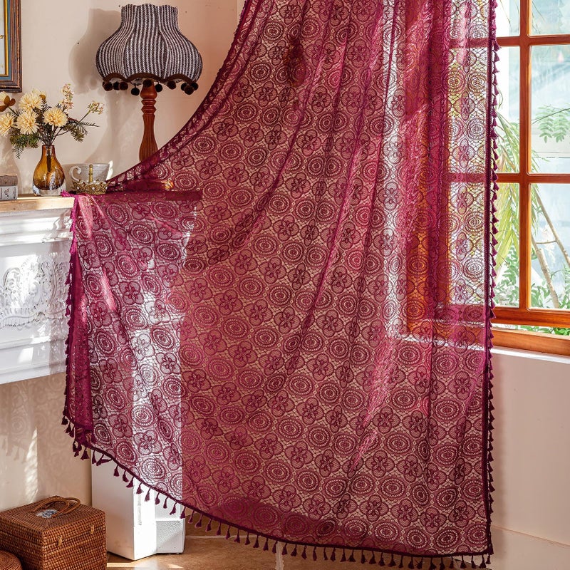 Kotile Burgundy Boho Lace Curtain with Tassels 96 Inches Long 1 Panel Geo Floral Maroon Sheer Curtain for Living Room  Rod Pocket Light Filtering Privacy Vintage Bohemian Red Wine Drape 60x96 Inch - Image 1