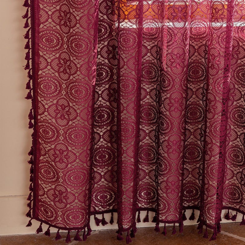 Kotile Burgundy Boho Lace Curtain with Tassels 96 Inches Long 1 Panel Geo Floral Maroon Sheer Curtain for Living Room  Rod Pocket Light Filtering Privacy Vintage Bohemian Red Wine Drape 60x96 Inch - Image 4
