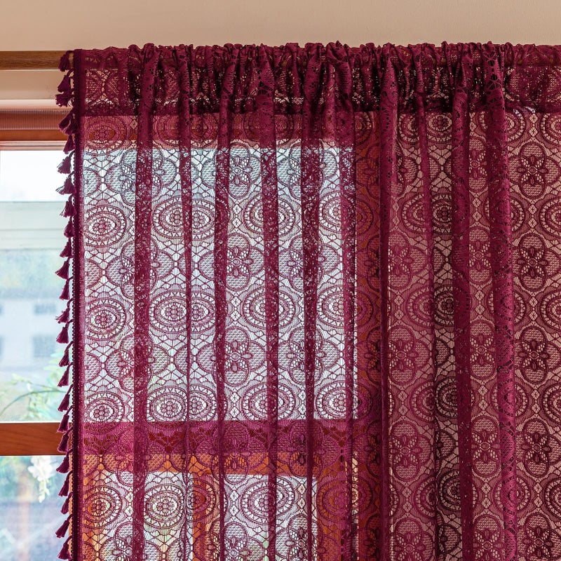 Kotile Burgundy Boho Lace Curtain with Tassels 96 Inches Long 1 Panel Geo Floral Maroon Sheer Curtain for Living Room  Rod Pocket Light Filtering Privacy Vintage Bohemian Red Wine Drape 60x96 Inch - Image 2