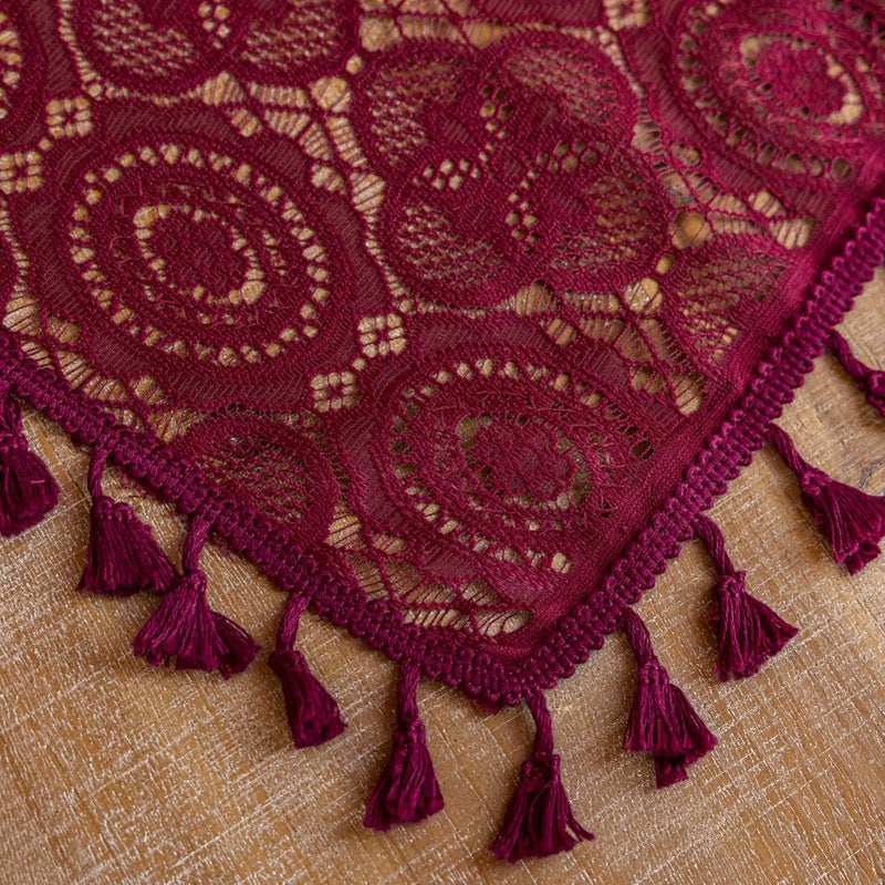 Kotile Burgundy Boho Lace Curtain with Tassels 96 Inches Long 1 Panel Geo Floral Maroon Sheer Curtain for Living Room  Rod Pocket Light Filtering Privacy Vintage Bohemian Red Wine Drape 60x96 Inch - Image 5