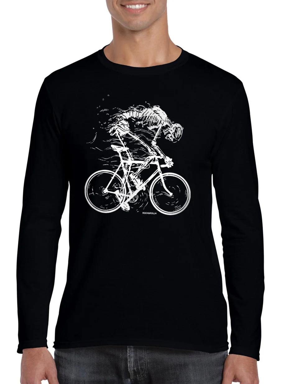 Rock&Roll Faster Crew Neck Black Long Sleeve Combed Cotton Men's T-Shirt