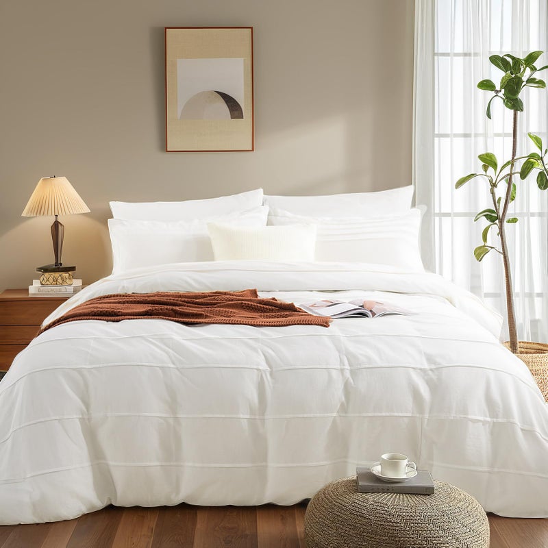 NEXHOME PRO 100% Organic Cotton Duvet Cover Queen Size, Linen Like Pleated Textured White Duvet Cover Set, 3pc Bedding Set with Zipper Closure, Soft, Lightweight and Breathable,90"x90", No Comforter - Image 2