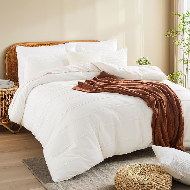 NEXHOME PRO 100% Organic Cotton Duvet Cover Queen Size, Linen Like Pleated Textured White Duvet Cover Set, 3pc Bedding Set with Zipper Closure, Soft, Lightweight and Breathable,90"x90", No Comforter - Image 1