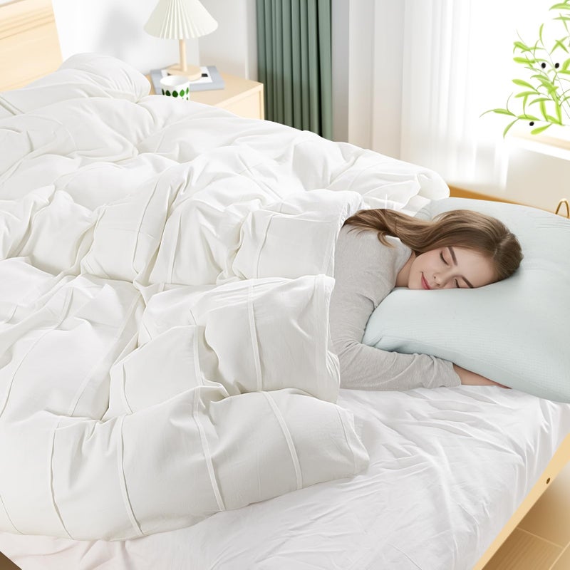 NEXHOME PRO 100% Organic Cotton Duvet Cover Queen Size, Linen Like Pleated Textured White Duvet Cover Set, 3pc Bedding Set with Zipper Closure, Soft, Lightweight and Breathable,90"x90", No Comforter - Image 3