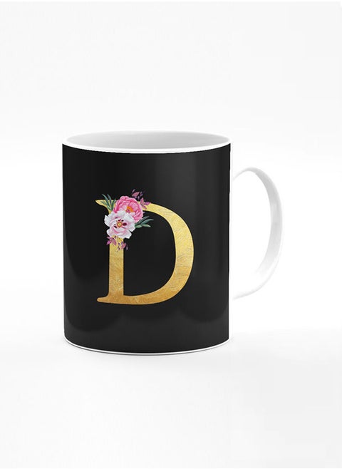 Stylizedd Designer Printed Coffee Mug 11oz Ceramic Personalised Gift Mugs Cup -Custom Monogram Initial Letter Floral Pattern Alphabet - D ( Black )