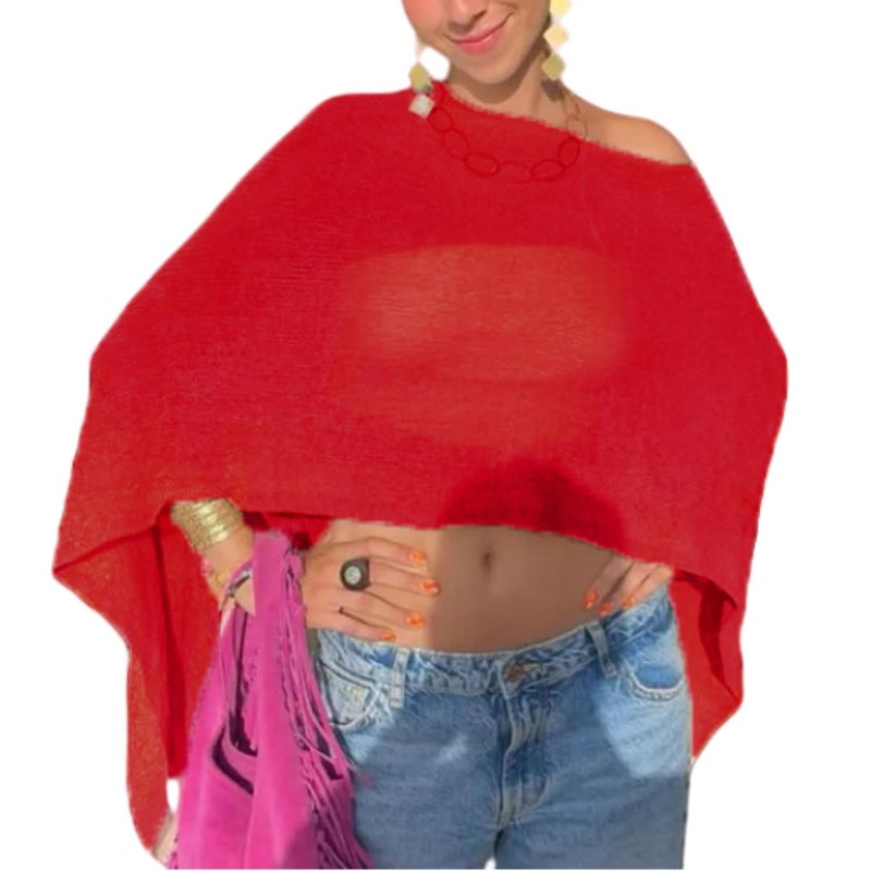 Argeousgor Women Sheer Poncho Top Lightweight Knit Crochet Shrug Bolero Mesh Batwing Sleeve Sweater Cover Up Beachwear - Image 1