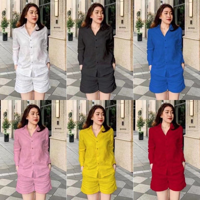 Womens Cotton Linen Solid Color Shirt Set Rose Red  - Image 4