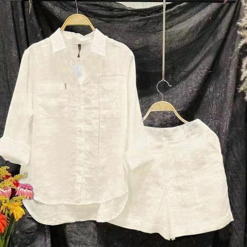 Womens Cotton Linen Solid Color Shirt Set Rose Red  - Image 3