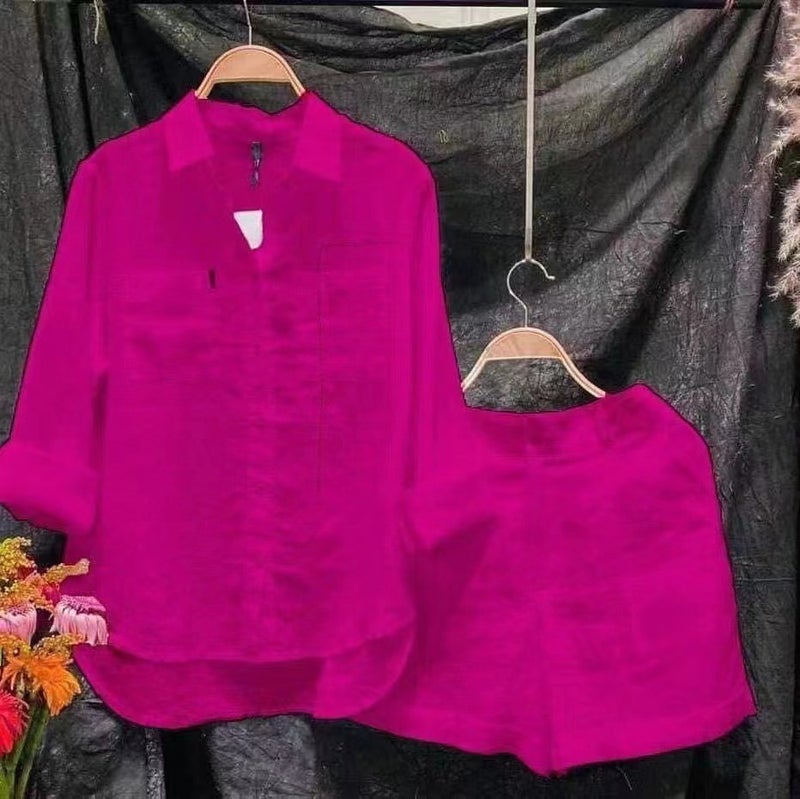 Womens Cotton Linen Solid Color Shirt Set Rose Red  - Image 1