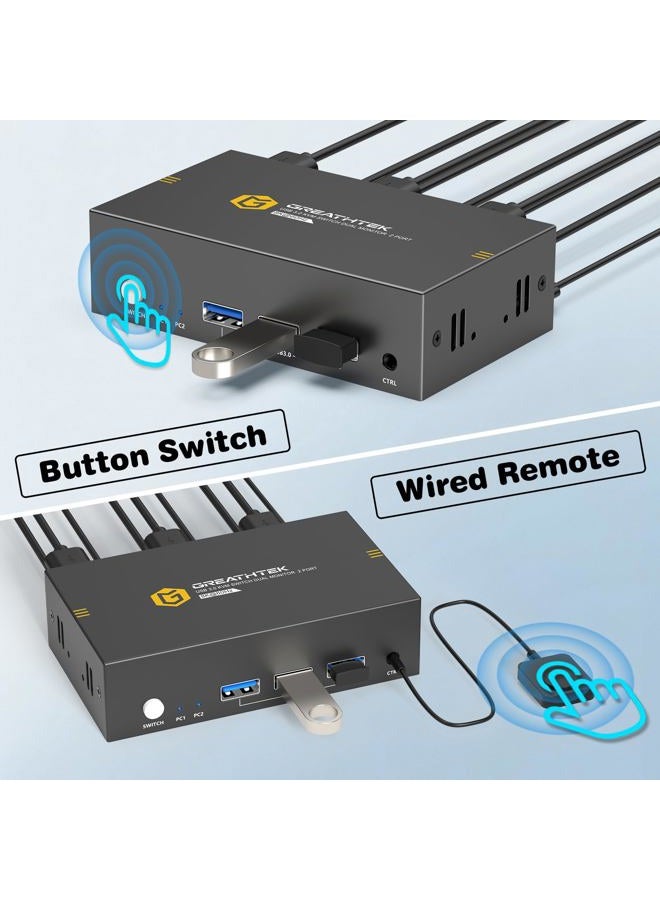 GREATHTEK 8K HDMI KVM Switch 2 Monitors 2 Computers,8K@60HZ USB3.0 Dual Monitors KVM Switches for 2 PC/Laptops Share Mouse Keyboard and 2 Screens,with 2 USB Cables/Controller,EDID Adapative,Plug&Play - Image 5
