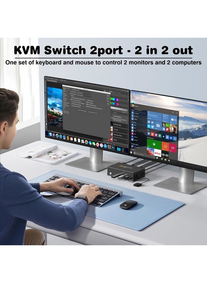 GREATHTEK 8K HDMI KVM Switch 2 Monitors 2 Computers,8K@60HZ USB3.0 Dual Monitors KVM Switches for 2 PC/Laptops Share Mouse Keyboard and 2 Screens,with 2 USB Cables/Controller,EDID Adapative,Plug&Play - Image 4