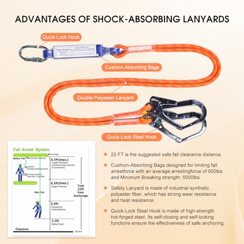 WHITEDEW Fall Protection Premium Safety Harness with Shock Absorbing Lanyard, Vented & Padded Shoulder, Legs & Back - Upgrade 4 Quick Buckles (Orange) - Image 5