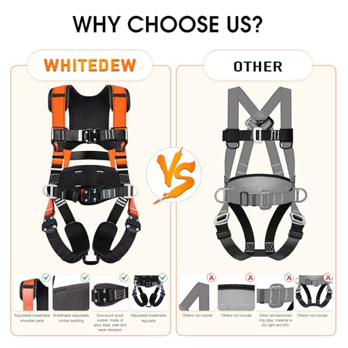 WHITEDEW Fall Protection Premium Safety Harness with Shock Absorbing Lanyard, Vented & Padded Shoulder, Legs & Back - Upgrade 4 Quick Buckles (Orange) - Image 4