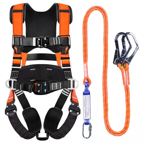 WHITEDEW Fall Protection Premium Safety Harness with Shock Absorbing Lanyard, Vented & Padded Shoulder, Legs & Back - Upgrade 4 Quick Buckles (Orange) - Image 1