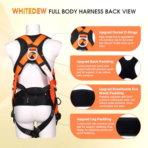 WHITEDEW Fall Protection Premium Safety Harness with Shock Absorbing Lanyard, Vented & Padded Shoulder, Legs & Back - Upgrade 4 Quick Buckles (Orange) - Image 3